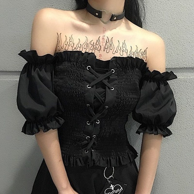 Women’s Ruffle Gothic Off Shoulder Lace Up Cross Blouse