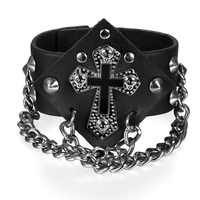 Punk Black Rivet Spikes Gothic Cross Leather Bracelet