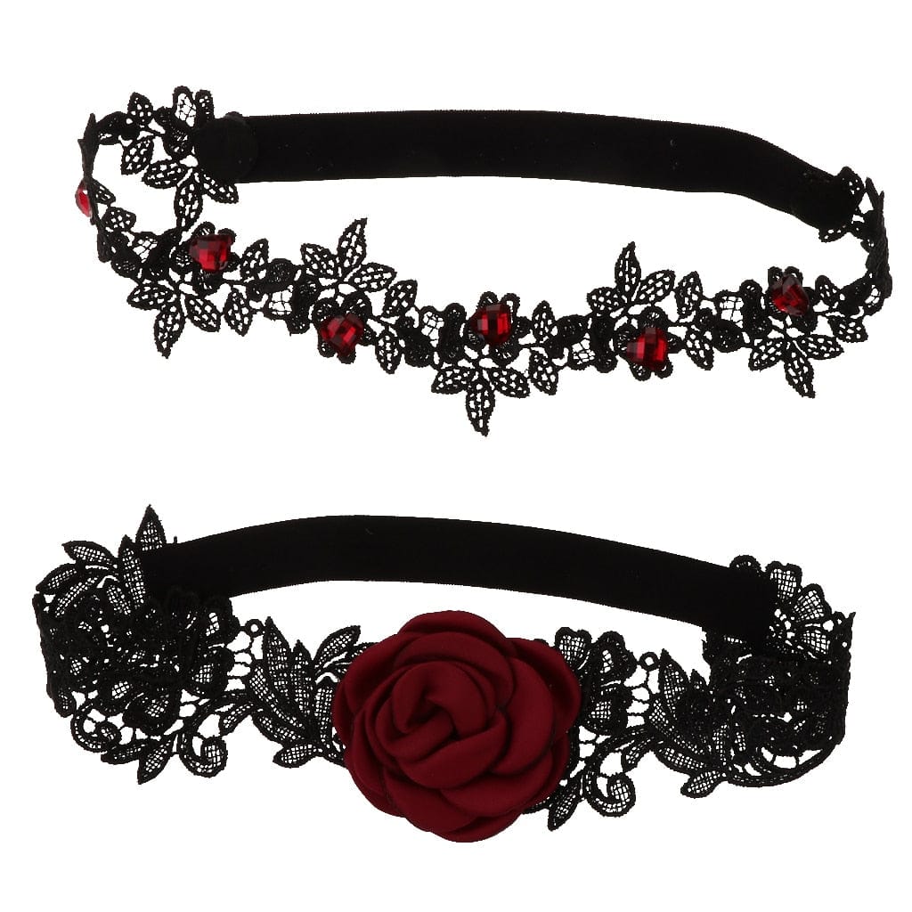 2 Pieces Black Lace Garters With Red Rose Rhinestone