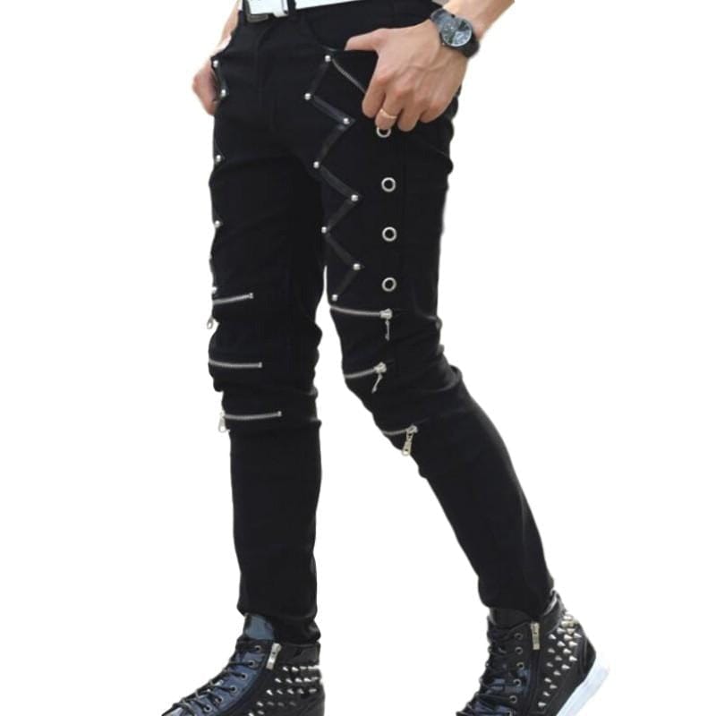 Men’s Punk Cotton Casual Zipper Black Goth Pants
