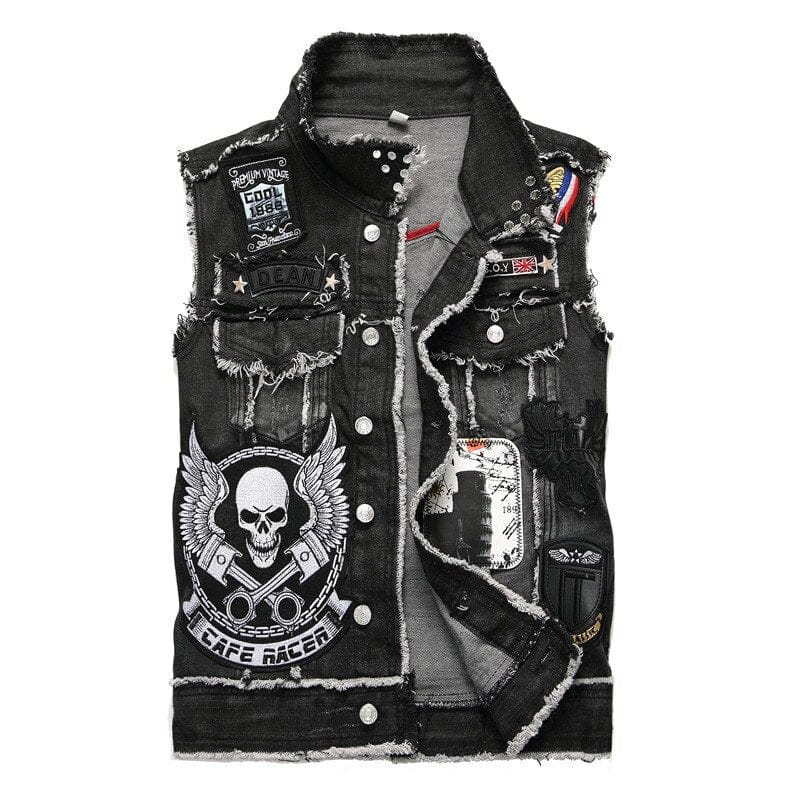 Men’s Denim Black Vest Skull Embroidery Sleeveless Jacket