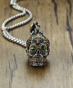 Gothic Skull Stainless Steel Green Stone Eyes Necklace