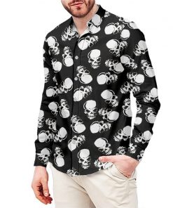 Men’s Gothic Black White Skulls Printed Long Sleeve Dress Shirt