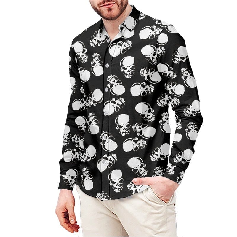 Men’s Gothic Black White Skulls Printed Long Sleeve Dress Shirt