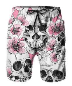 Men’s Skull Pink Flowers Swim Beach Board Shorts
