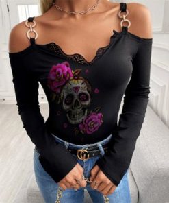 Skull Rose Print Off-Shoulder Women’s V Neck Long-Sleeved T-Shirt 4 Colors
