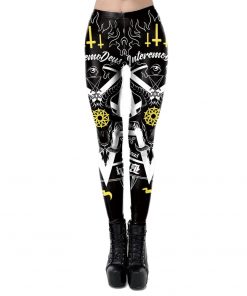 Steampunk Goth Black Yellow Printed Ankle Leggings