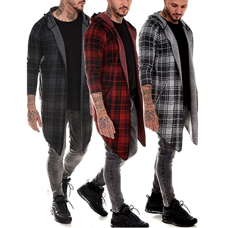 Men’s Gothic Long Hooded Knitted Plaid Steampunk  Jacket