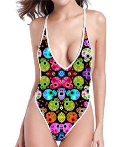 Women’s Backless Colorful Skull Heads Printed Bathing Suit