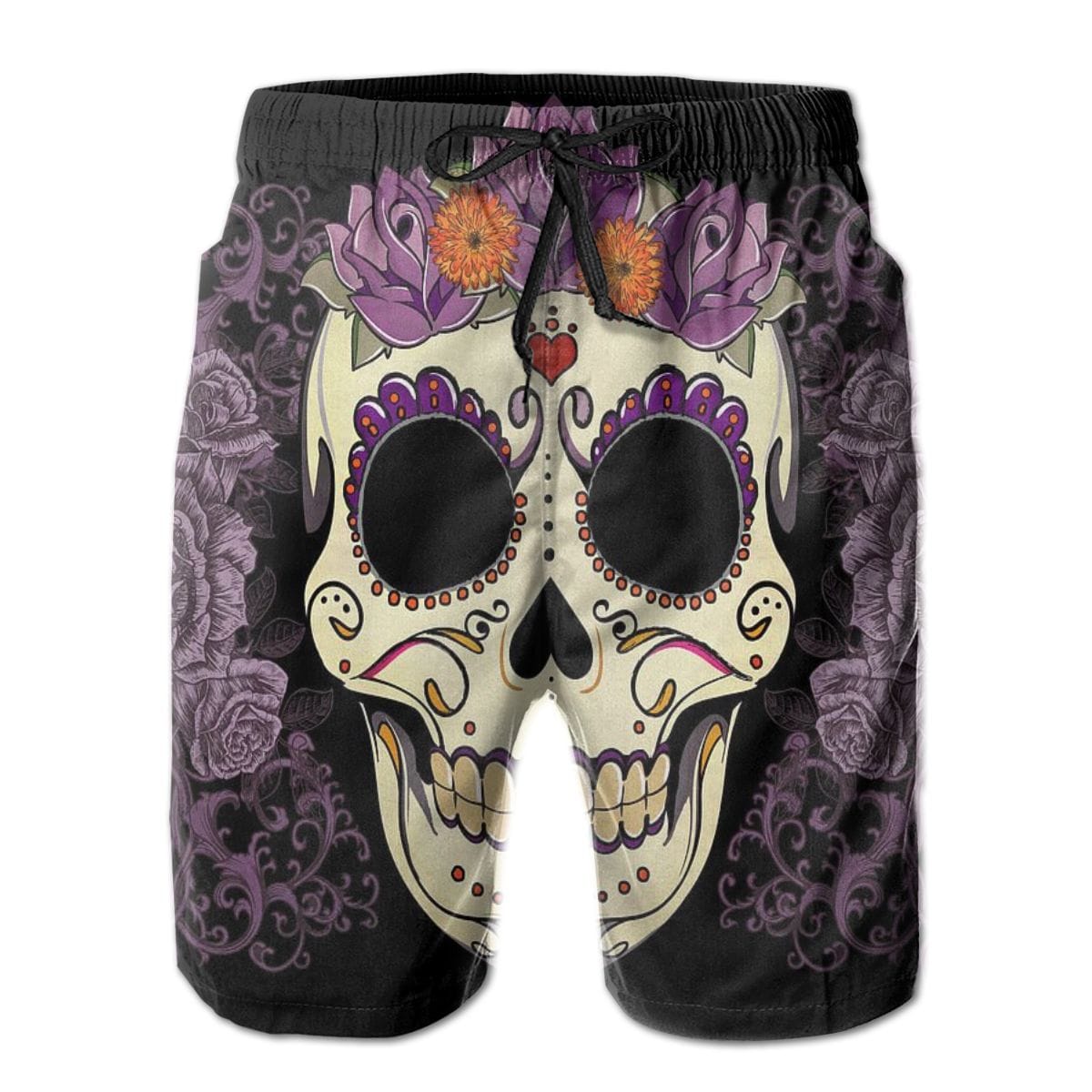 Men’s Mexican Sugar Skull Purple Flowers Swimming Shorts