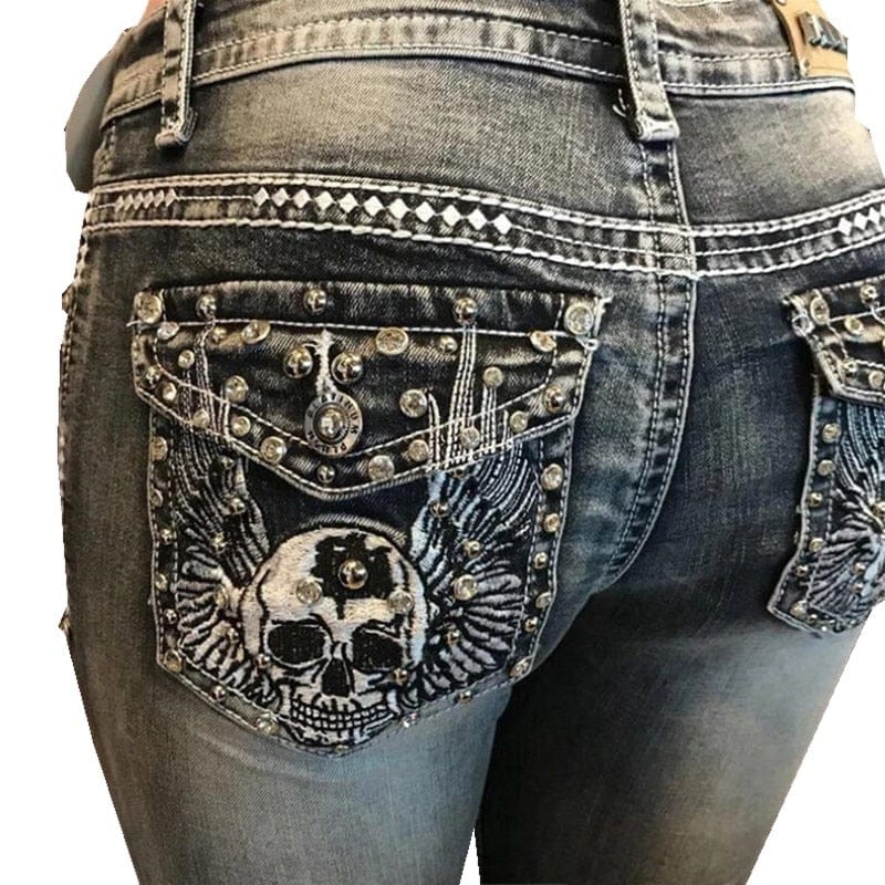 Women’s Vintage Embroidered Skull Beaded Casual Jeans