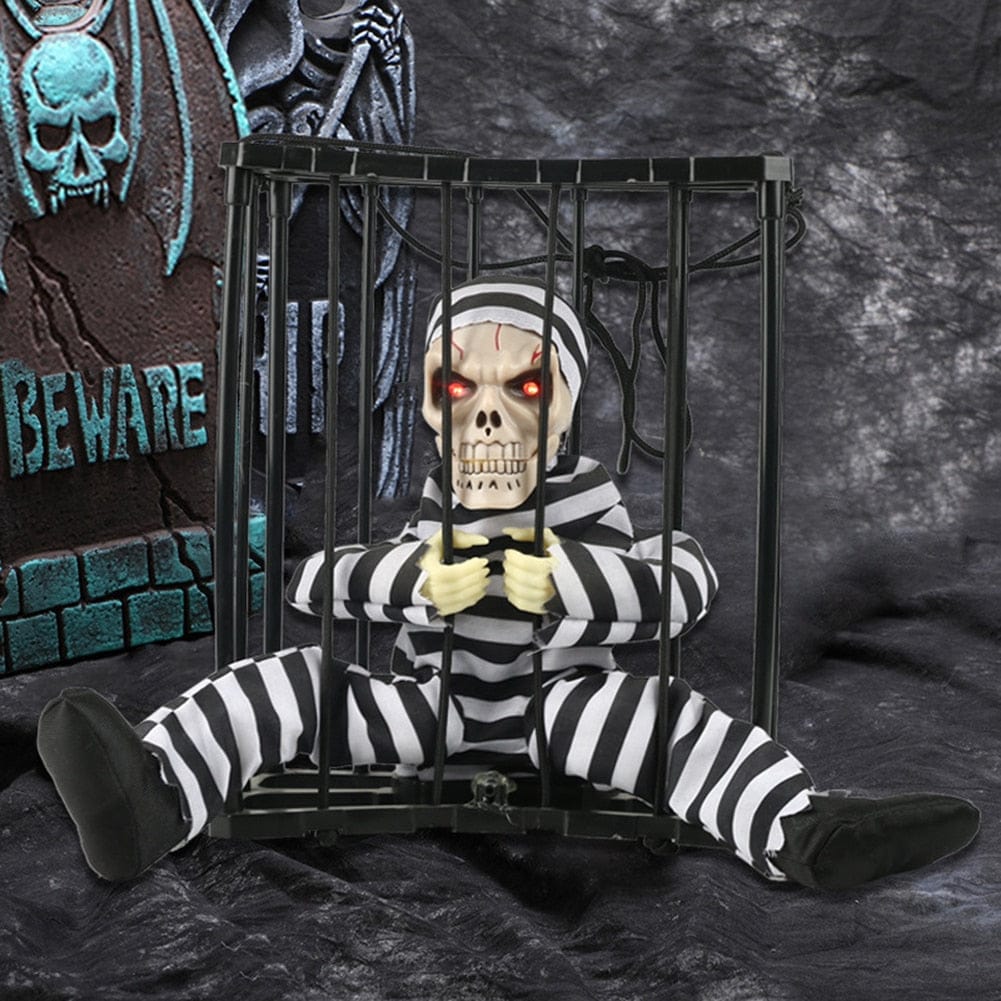 Halloween Skeleton Prisoner Motion Sensor Eyes Glowing Cage Decoration