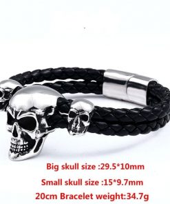 One Big Two Small Skulls Stainless Steel Punk Leather Bracelet