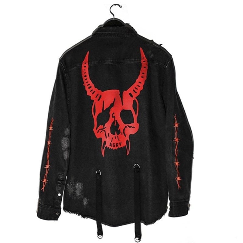 Gothic Skull 💀 Black Denim Suspenders & Holes Jacket 🧥