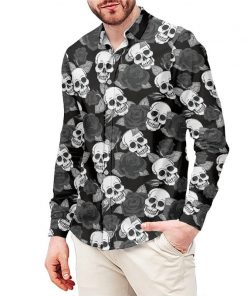 Men’s Gray Rose White Skull Print Long Sleeve Turn-down Collar Dress Shirt