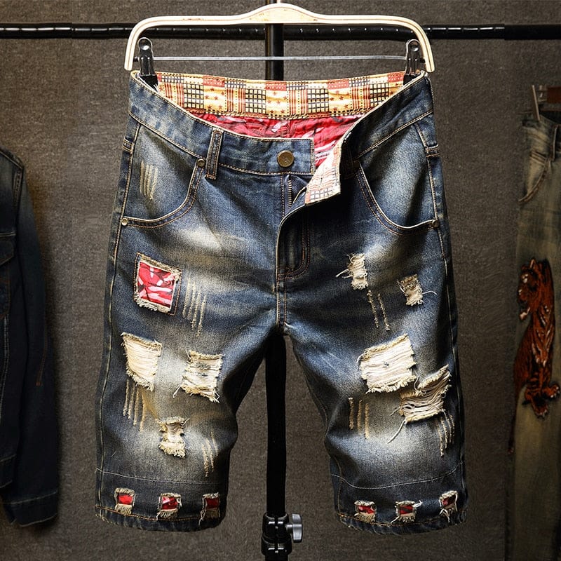 Men’s Patched Ripped Casual Hole Patch Denim Shorts
