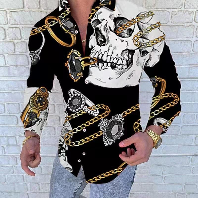 Skull Print Casual Long Sleeve Dress Shirt For Men