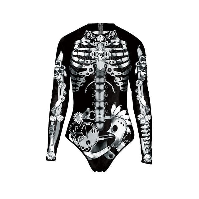 Skull Print One Piece Long Sleeve Swimwear Sport Bathing Suit