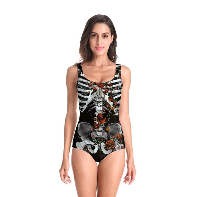 Skull Print Sleeveless One Piece Bathing Suit Beachwear