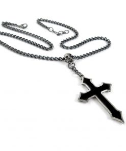 Skull With Hanging Black Cross Necklace