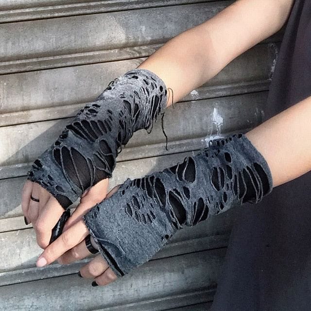Punk Black Broken Slit Gothic Unisex Fingerless Gloves