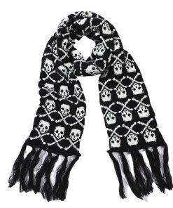 Many Skulls Knitted Black White Long Scarve With Tassel