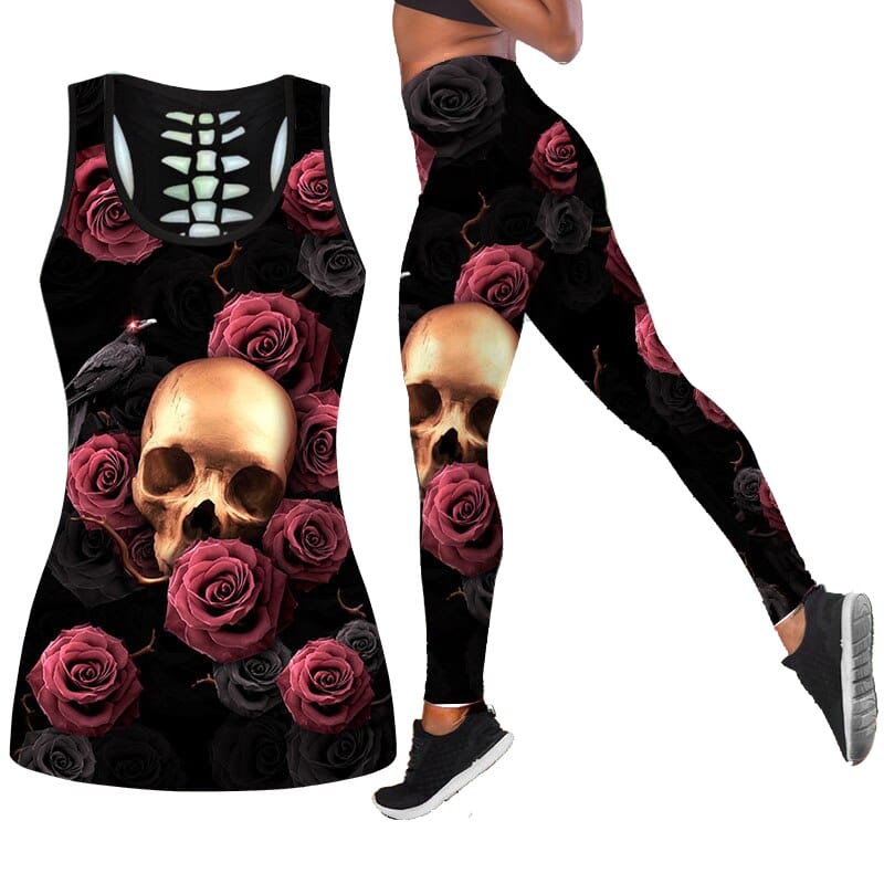 Rose Skull Pattern Women’s Tank Top 2Pcs Yoga Set 5 Patterns