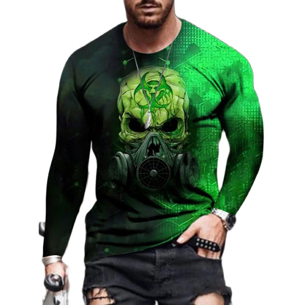 Green Skull Men’s Long Sleeve Loose Round Neck T-Shirt