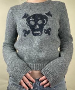 Skull Knit Gray Long Sleeve Gothic Pullover Sweater