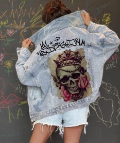 Skull Crown Women’s Fashion Loose Printed Denim Jacket