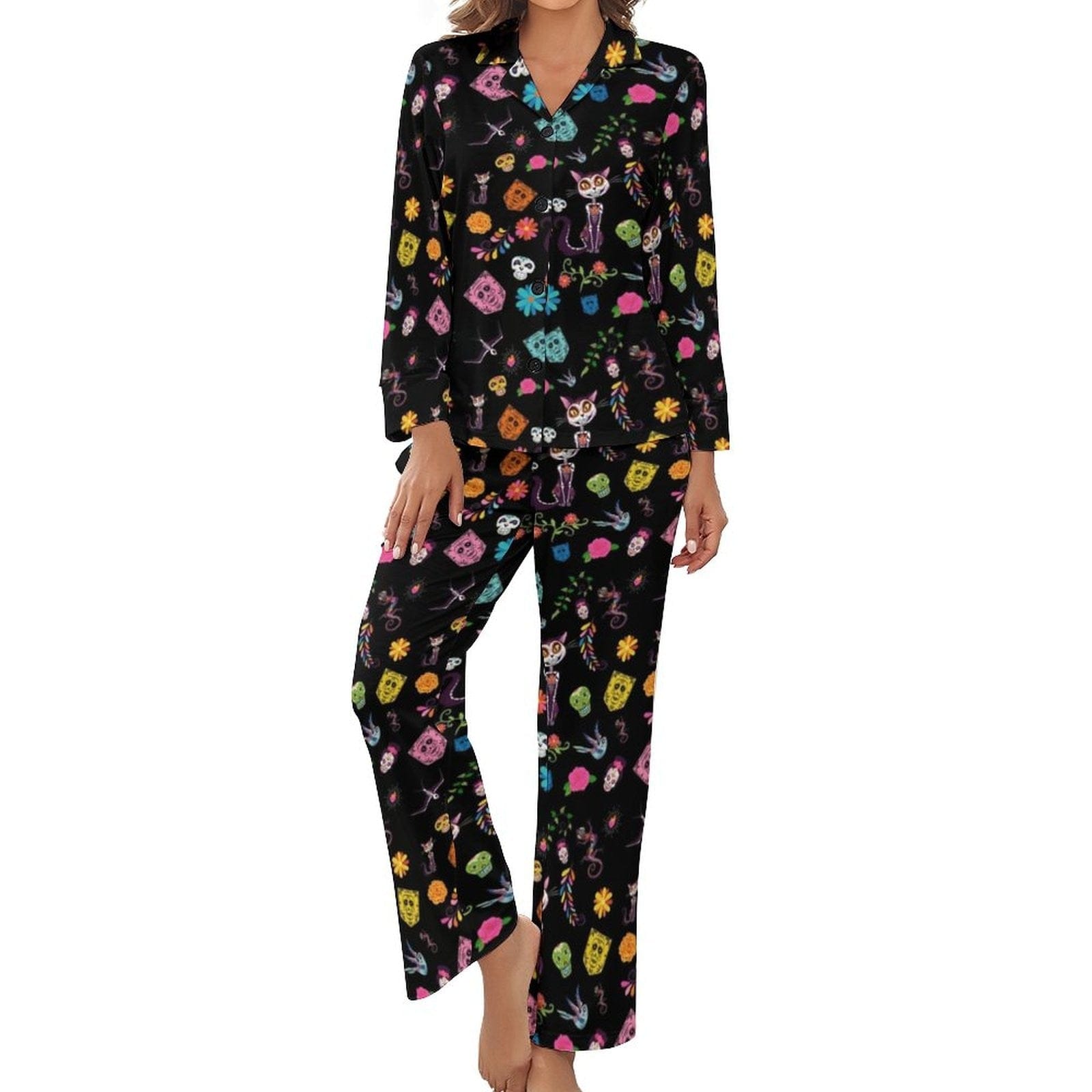 Women’s Skull Cat Long-Sleeve 2 Piece Sleepwear Pajama Set
