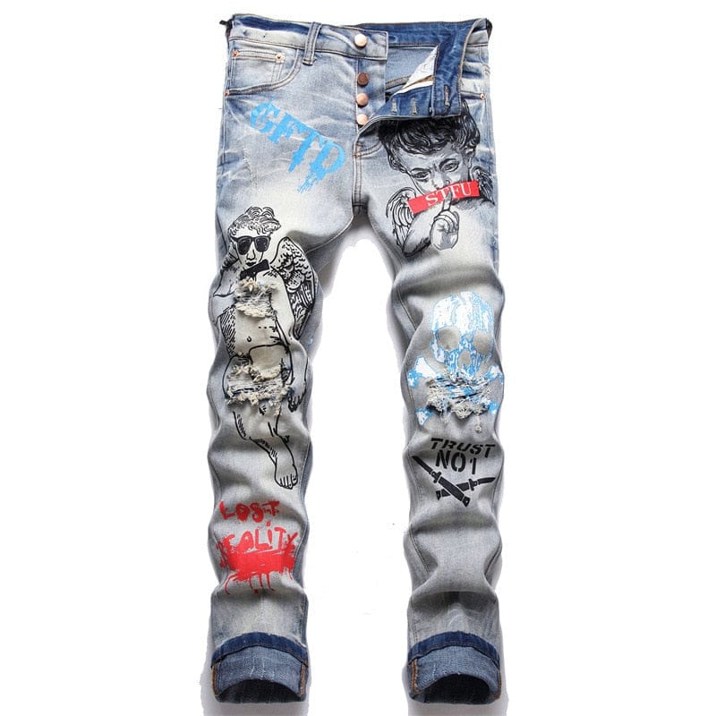 Men’s Skull Print Vintage Punk Button Fly Ripped Jeans