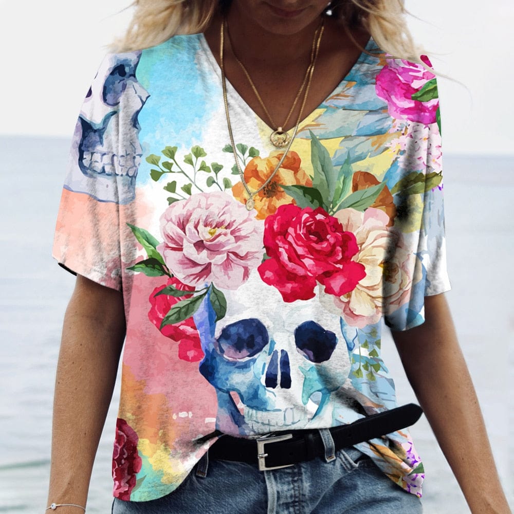 Women’s Vintage Floral Skull Print Short Sleeve T Shirt