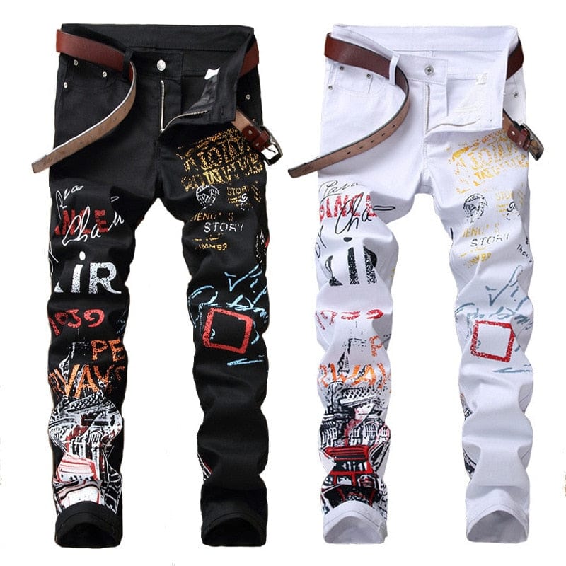 Men’s Goth Jeans With Print Punk Denim Pants