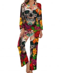 Women’s Colorful Skull Long-Sleeve 2 Piece Sleepwear Pajama Set