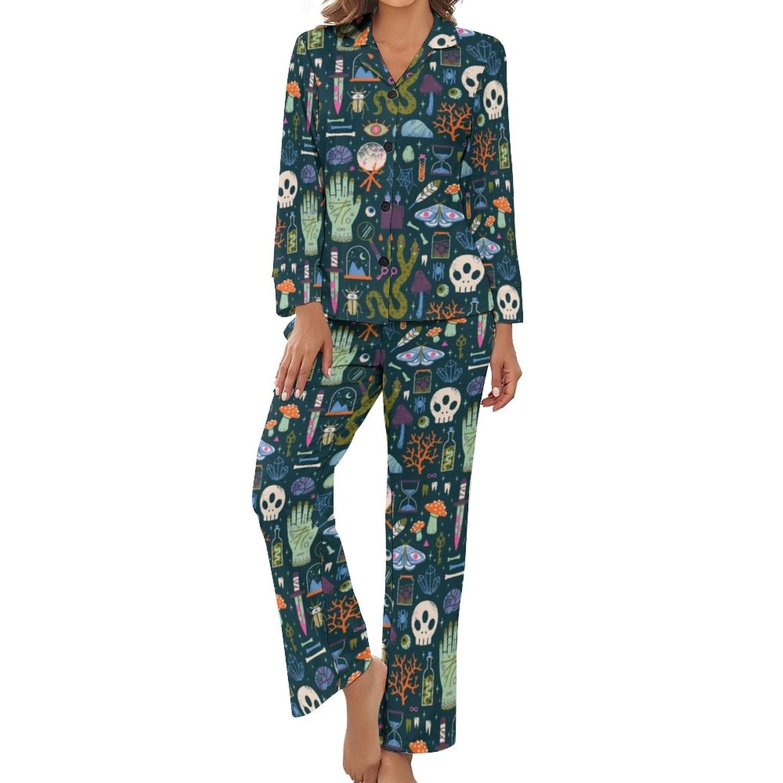 Women’s Blue Skull Long-Sleeve 2 Piece Sleepwear Pajama Set
