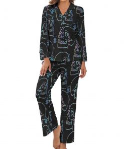 Women’s Black Skull Long-Sleeve 2 Piece Sleepwear Pajama Set