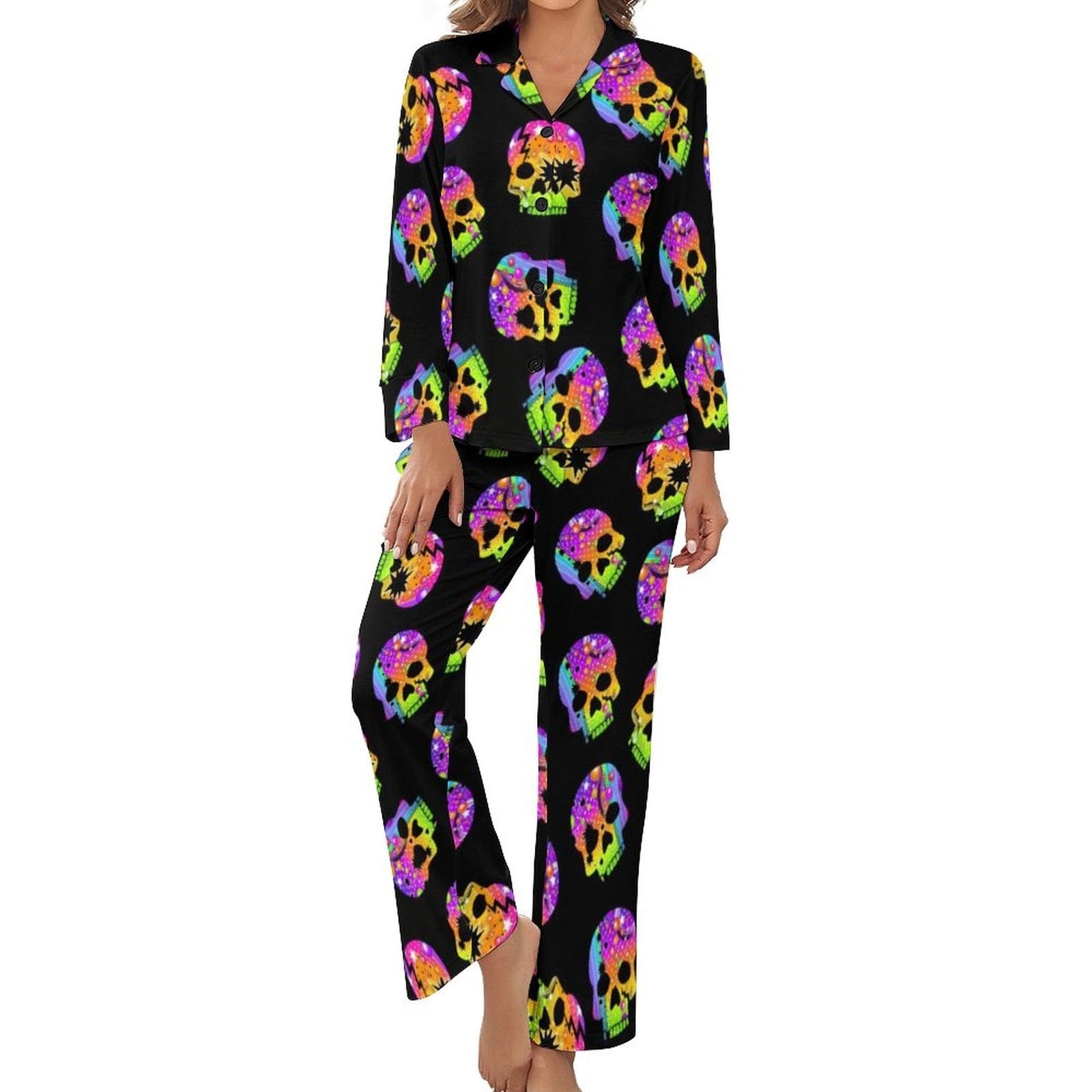 Women’s Rainbow Skull Long-Sleeve 2 Piece Sleepwear Pajama Set