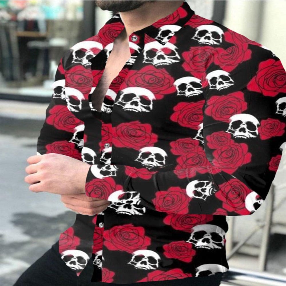 Men’s Casual Turn-down Collar Long Sleeve Skull Print Shirt