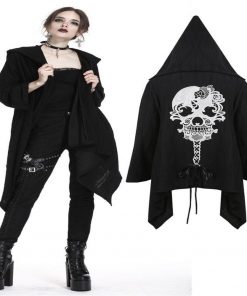 Gothic Skulls Lace Up Women’s Hooded Vintage Black Coat