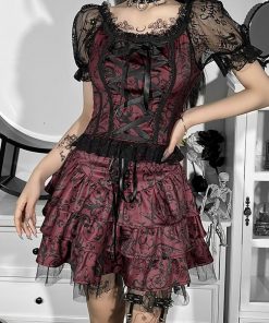 Women’s Lace Up Dark Mesh Floral Printed Gothic Mini Skirt