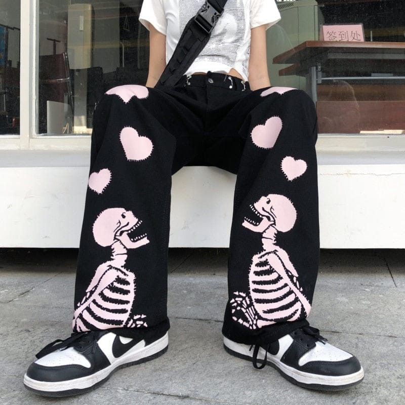 Women’s Pink Skull Heart Print Denim Pants