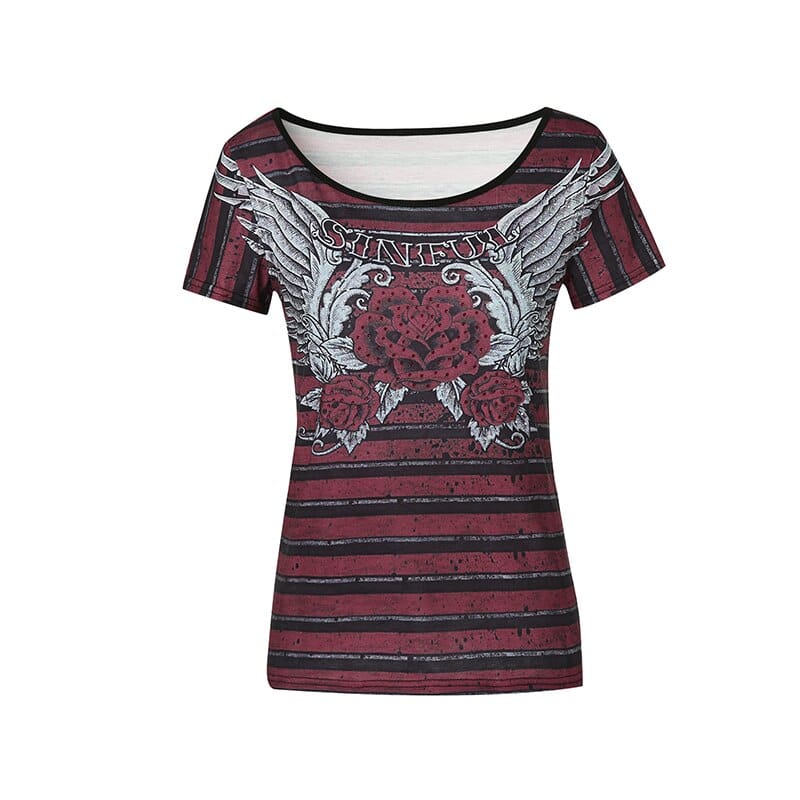Women’s Vintage Rose Print Striped Pullover T-Shirt