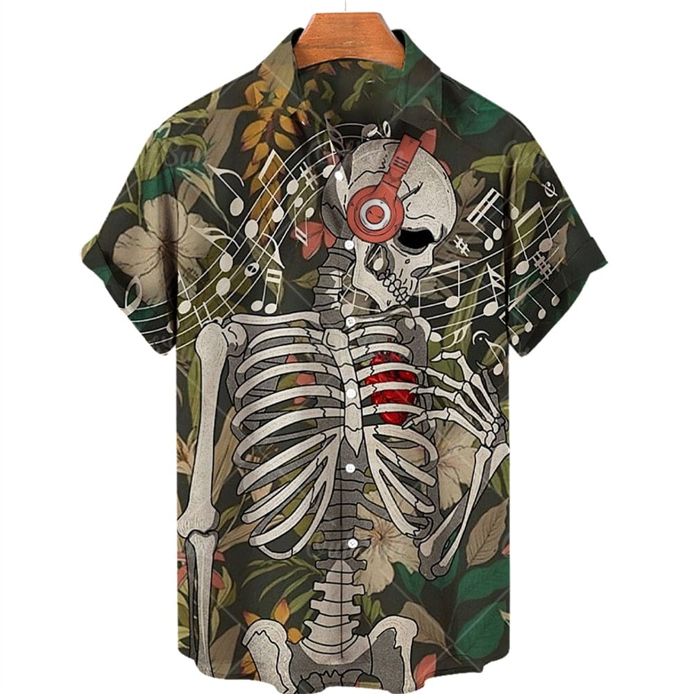 Men’s Loose Breathable Hawaiian Style Skull Print Short Sleeve Shirt