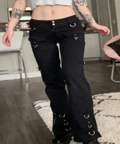 Punk Rivets Zipper Black Straight Gothic Low Waist Women’s Denim Pants