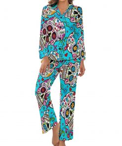 Women’s Skull Aqua Long-Sleeve 2 Piece Sleepwear Pajama Set