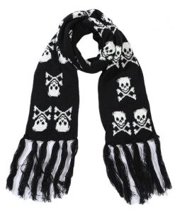 Skull Crossbones Knitted Black White Long Scarve With Tassel