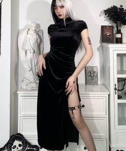 Gothic Velvet Aesthetic Vintage Black Slit Hem Bodycon Dress