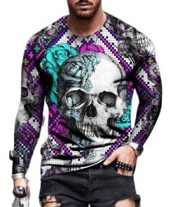 Skull Purple & Blue Men’s Long Sleeve Loose T-Shirt