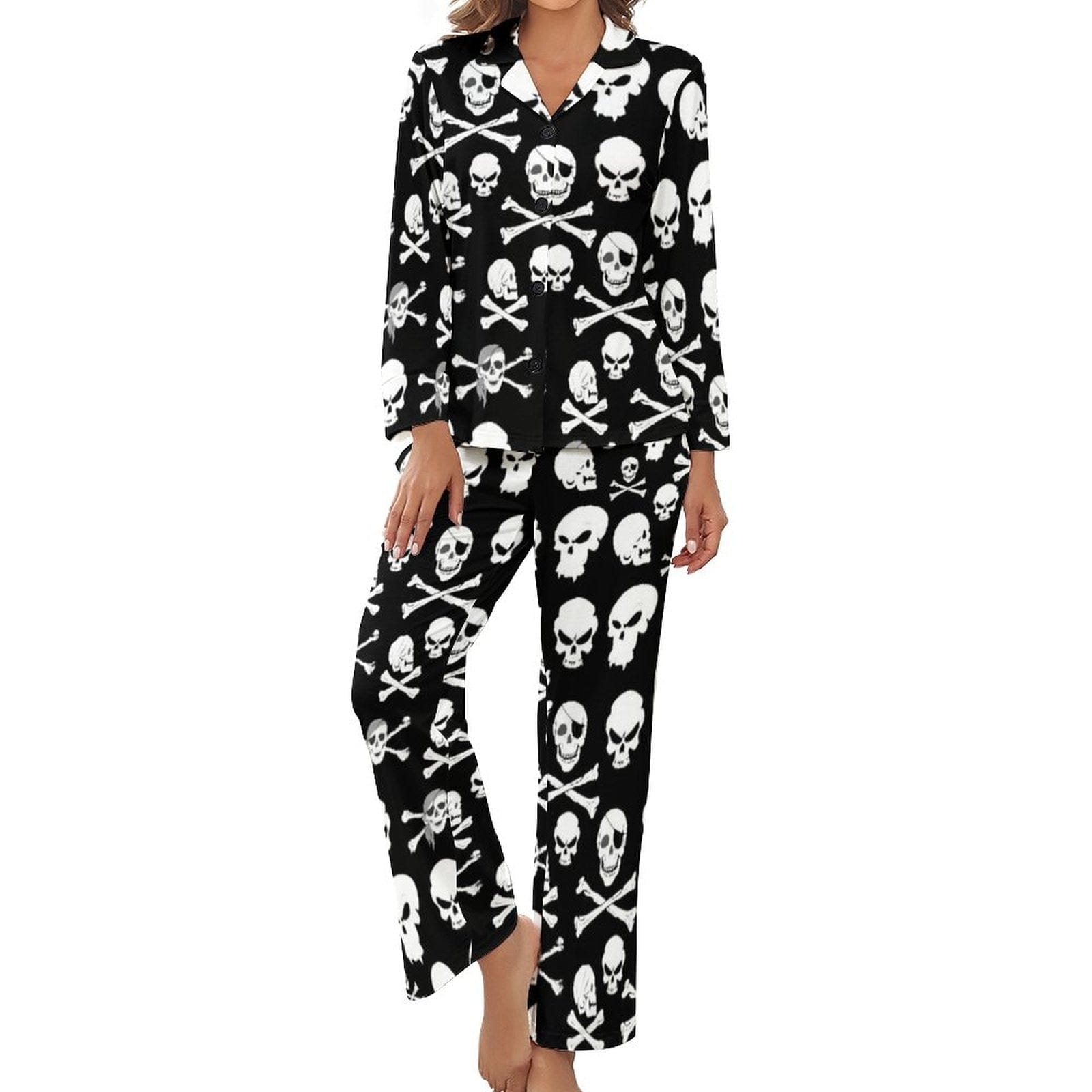 Women’s Black Skull Crossbones Long-Sleeve 2 Piece Sleepwear Pajama Set
